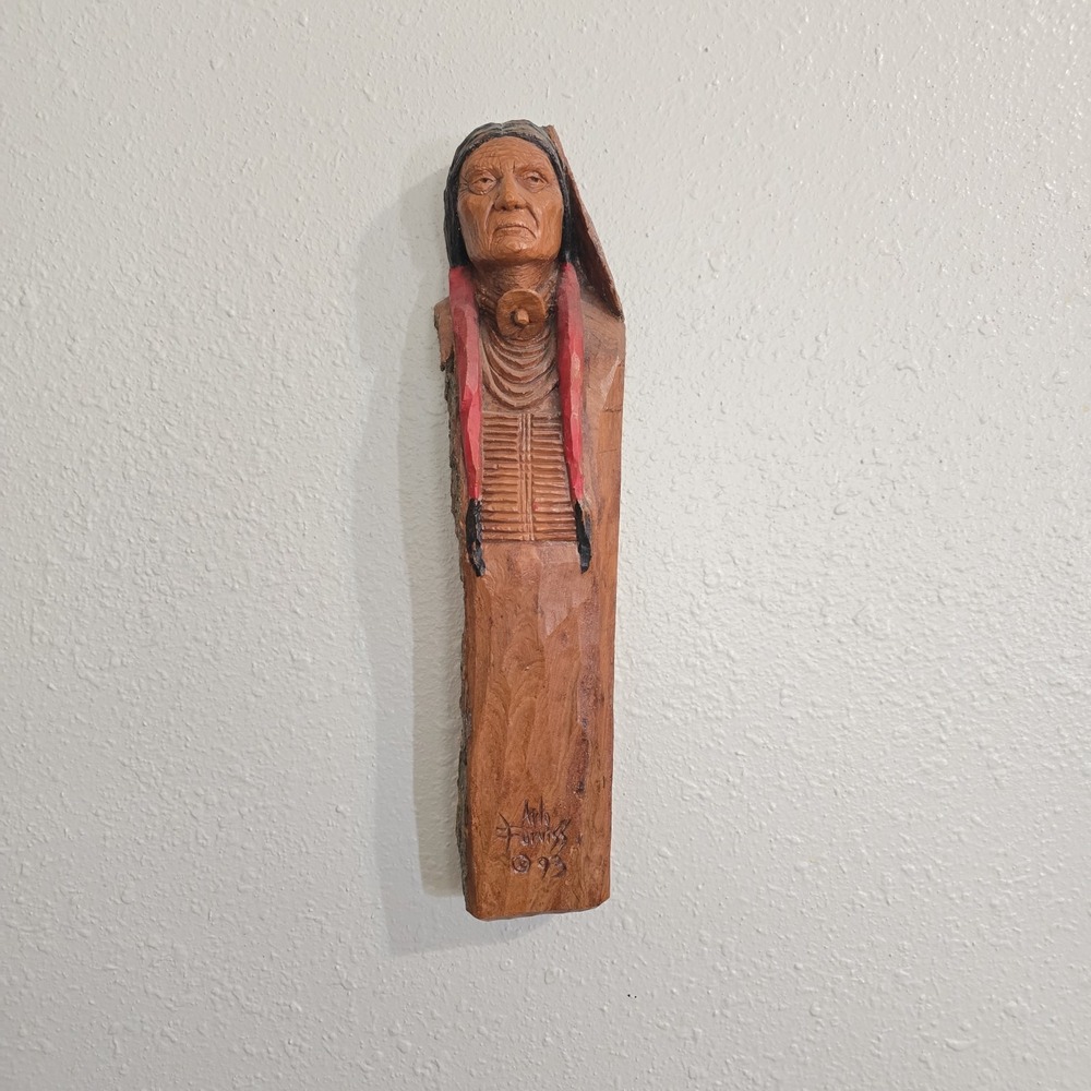 Arlo Furniss Hand-carved Wooden Native American Face Signed '96 Wall Hanging